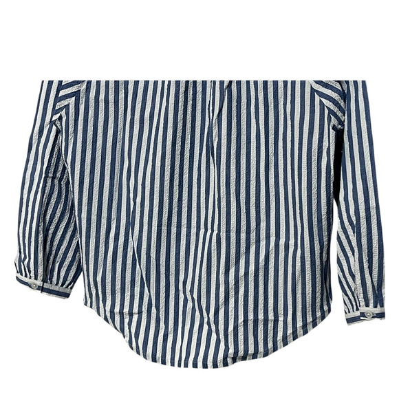 VERONICA BEARD TOP WOMENS MEDIUM JUDITH V-NECK PUFF SLEEVE BLOUSE BLUE WHITE - Picture 9 of 13